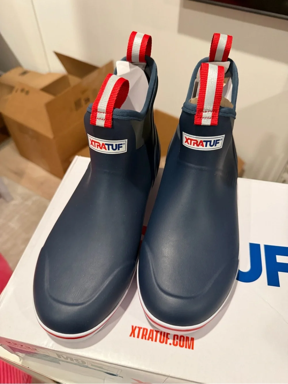XTRATUF Navy Ankle Rain Boots with Red Pull Tabs